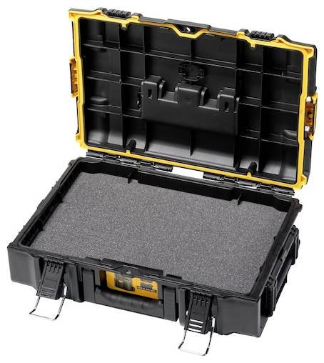 Ein offener schwarz-gelber Werkzeuglagerkasten mit Schaumstoffeinlagen, der Fächer zur Organisierung verschiedener Werkzeuge zeigt, von oben betrachtet.