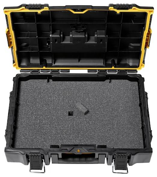 Schwarzer und gelber Werkzeugkoffer mit Schaumstoffeinlage, mit mehreren Fächern zur Werkzeugorganisation.