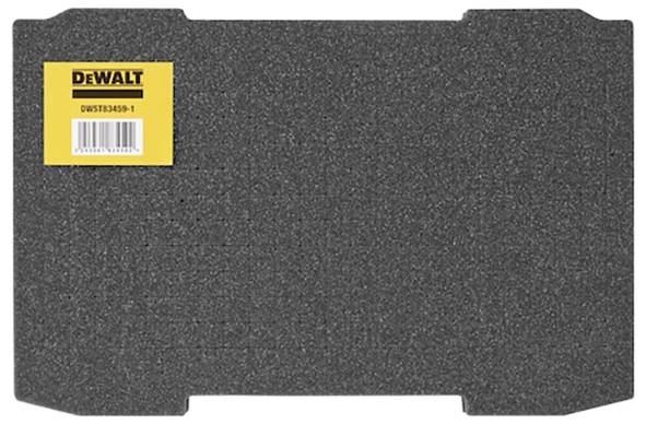 Eine schwarze Schaumstoffeinlage für DeWalt-Werkzeugkästen, Modell DWST834591, entwickelt zum Organisieren und Sichern von Werkzeugen während des Transports.