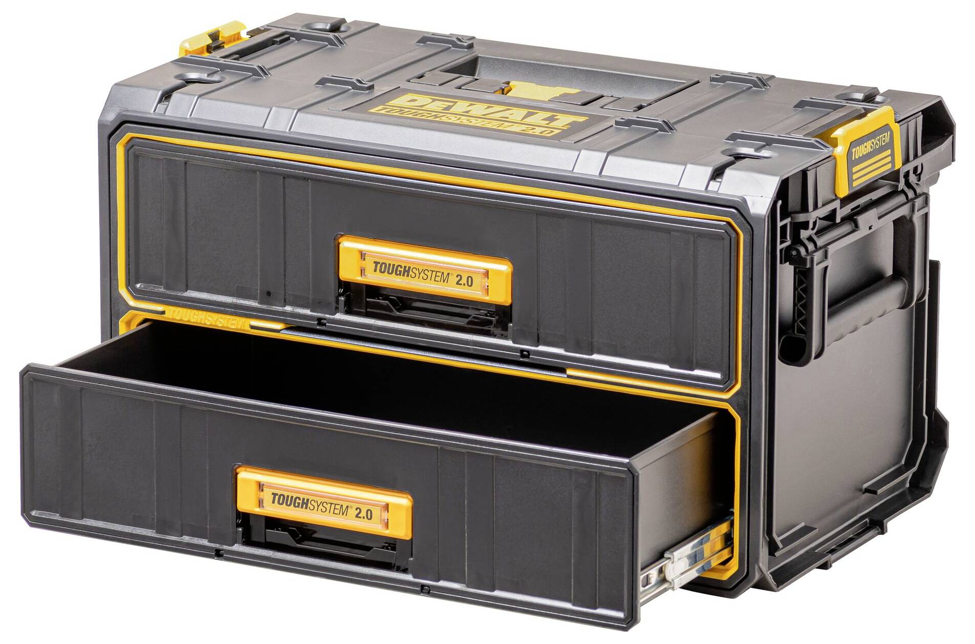 Schwarze und gelbe robuste Systemwerkzeugkiste mit zwei beschrifteten Schubladen, eine offen und eine geschlossen, mit stabilen Verschlüssen und einem oberen Griff.