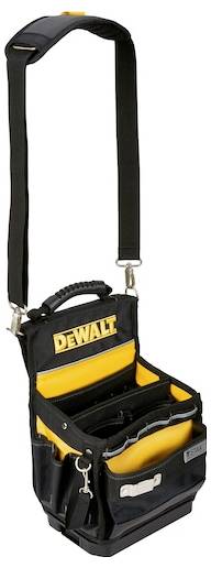 Eine schwarz-gelbe Werkzeugtasche mit verstellbarem Schultergurt und mehreren Fächern. Das Logo „DEWALT