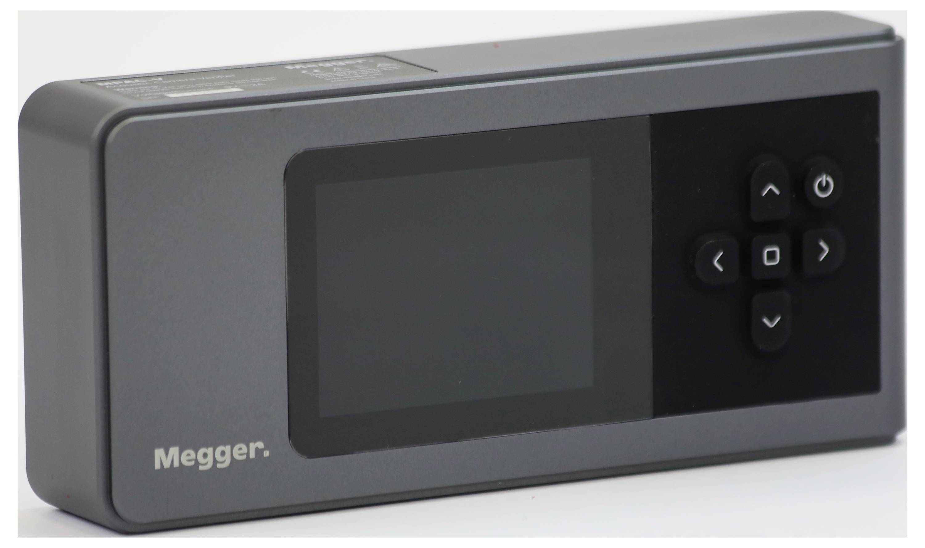 Ein digitales Gerät mit einem Bildschirm und Steuertasten an der Seite, mit der Marke „Megger