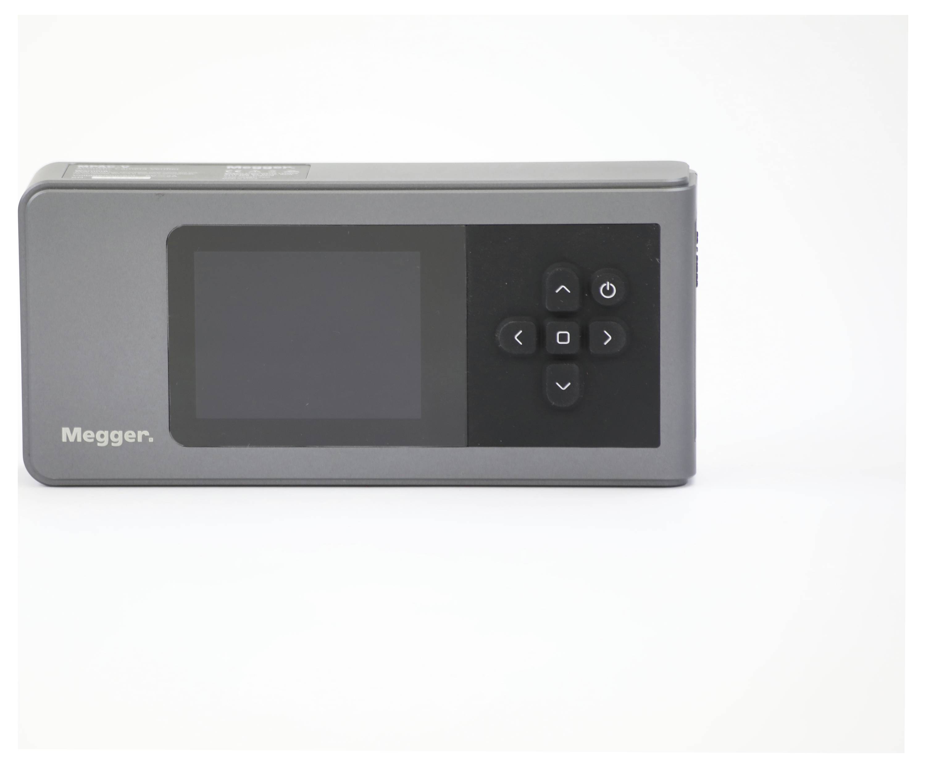 Ein grau elektronisches Gerät mit einem kleinen schwarzen Bildschirm und Navigationstasten auf der rechten Seite, mit dem Markenzeichen „Megger
