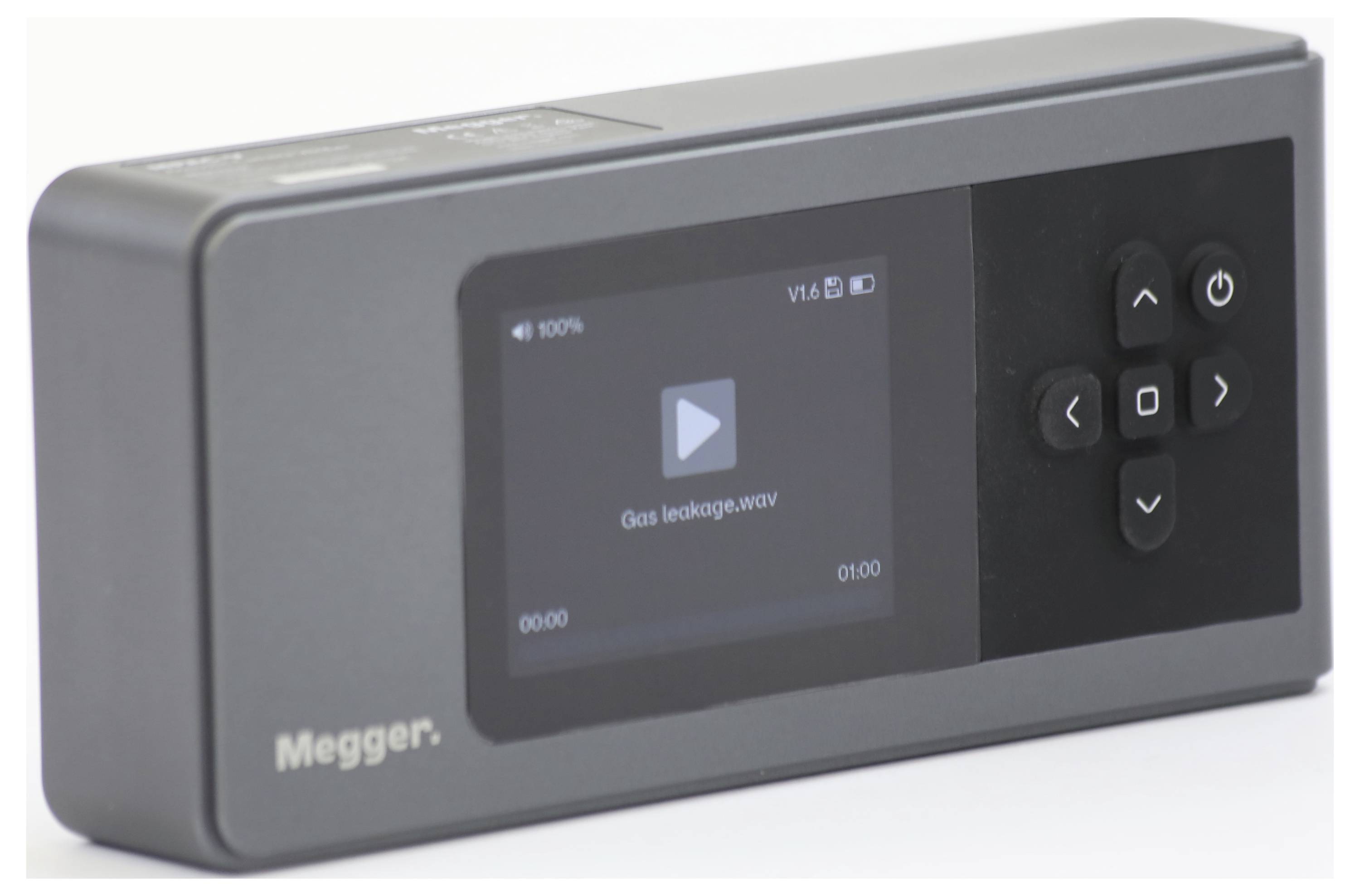 Ein rechteckiges Gerät mit einem Bildschirm und Tastensteuerungen zeigt eine Datei namens „Gas leakage.wav