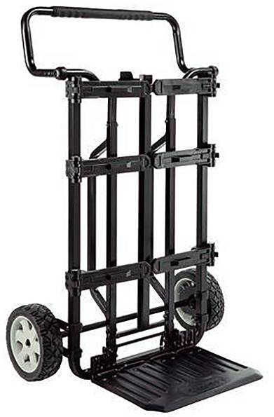 Ein schwarzer klappbarer Handwagen mit zwei Rädern, mit einem robusten Rahmen und einem ausziehbaren Griff, der zum Transport schwerer Gegenstände geeignet ist.