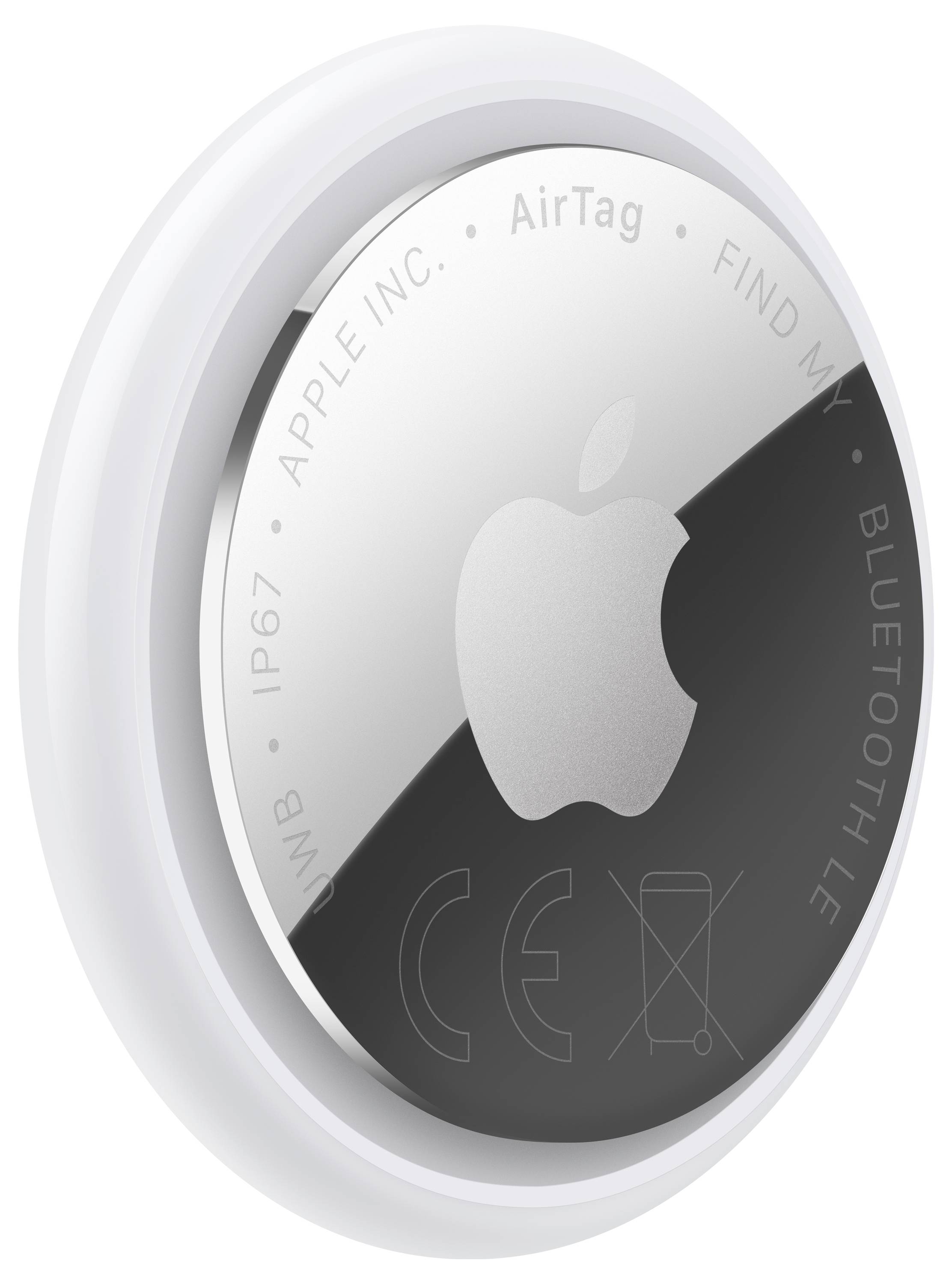 Ein rundes, weißes und silbernes Apple AirTag mit eingraviertem Apple-Logo, das Text anzeigt: „Apple Inc.
