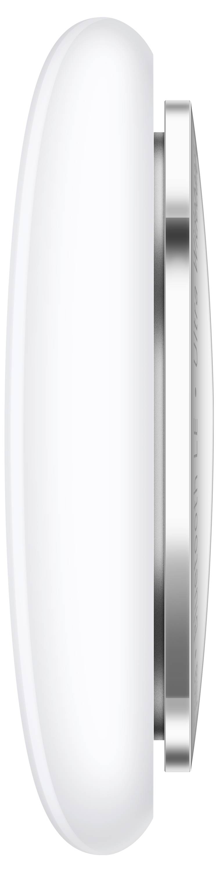 Seitenansicht eines weißen, abgerundeten Geräts mit metallischer Kante, die Form einer Scheibe oder eines Pucks.