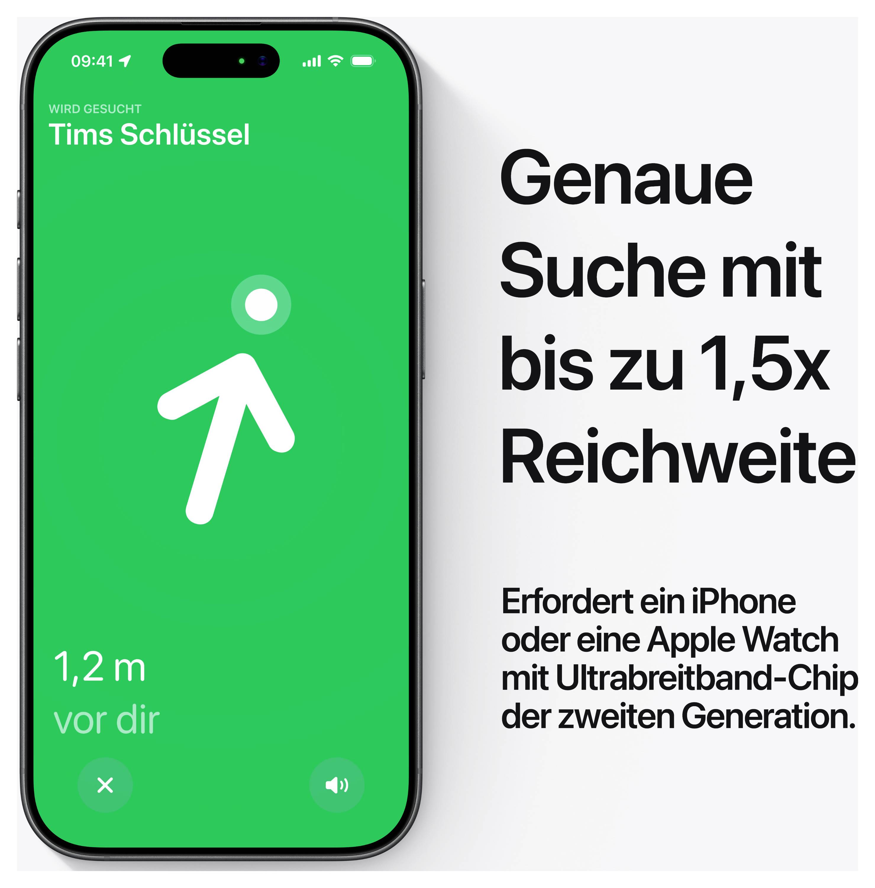 Ein Smartphone-Bildschirm zeigt einen grünen Hintergrund mit einem Standortsymbol. Der Text lautet „Tims Schlüssel