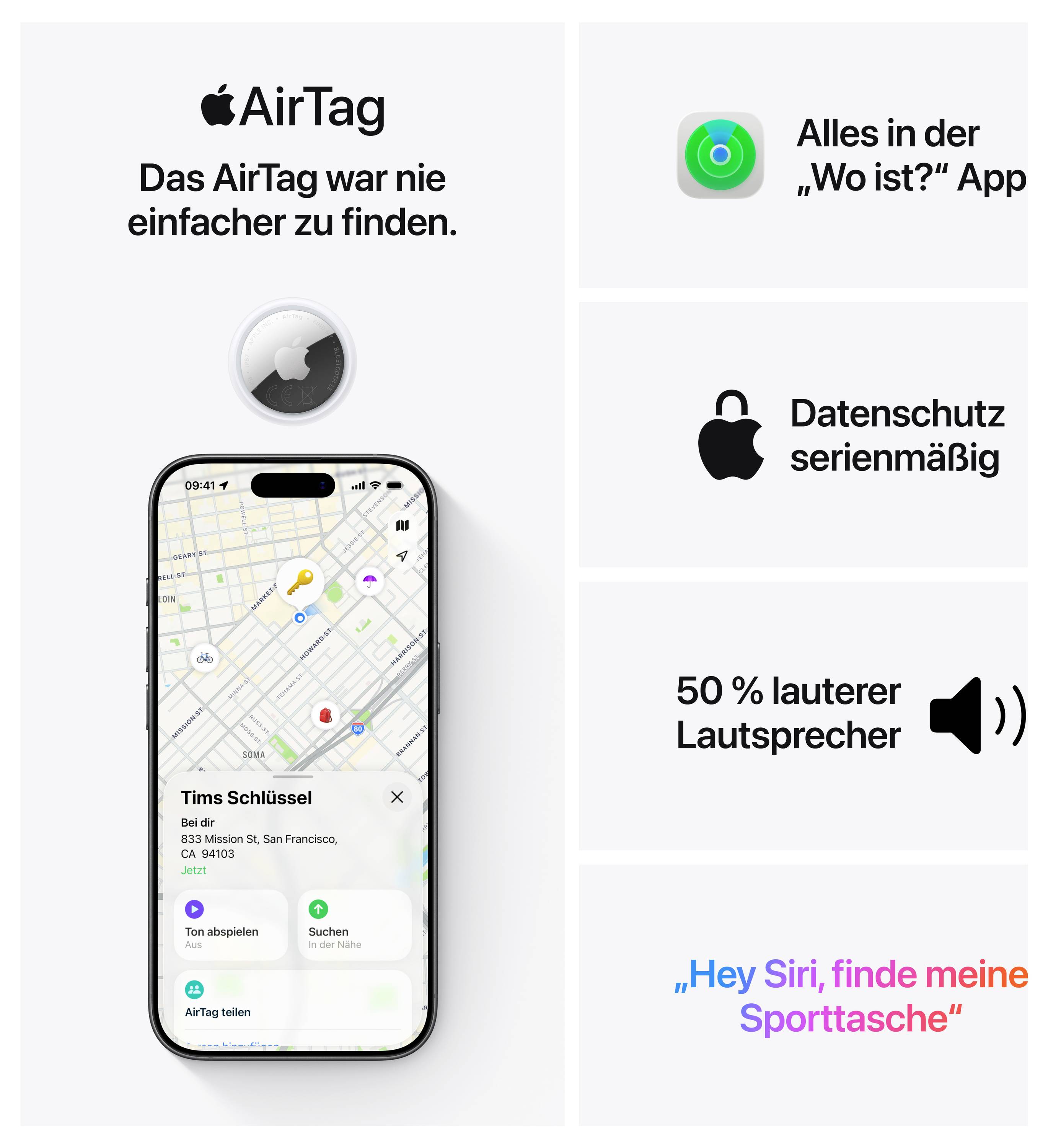 Ein Apple AirTag-Bild zeigt eine Karte auf einem Telefonbildschirm mit Standortdetails. Deutscher Text hebt Funktionen wie Datenschutz und Sound hervor.