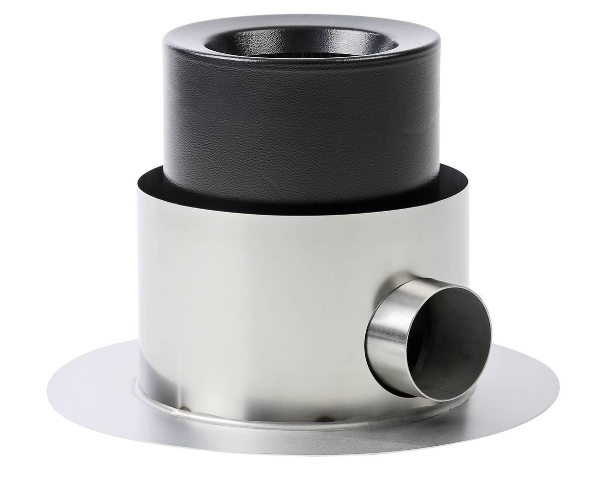 Stainless steel cylindrical vent or chimney cap with a black insulated top and side outlet on a round base.