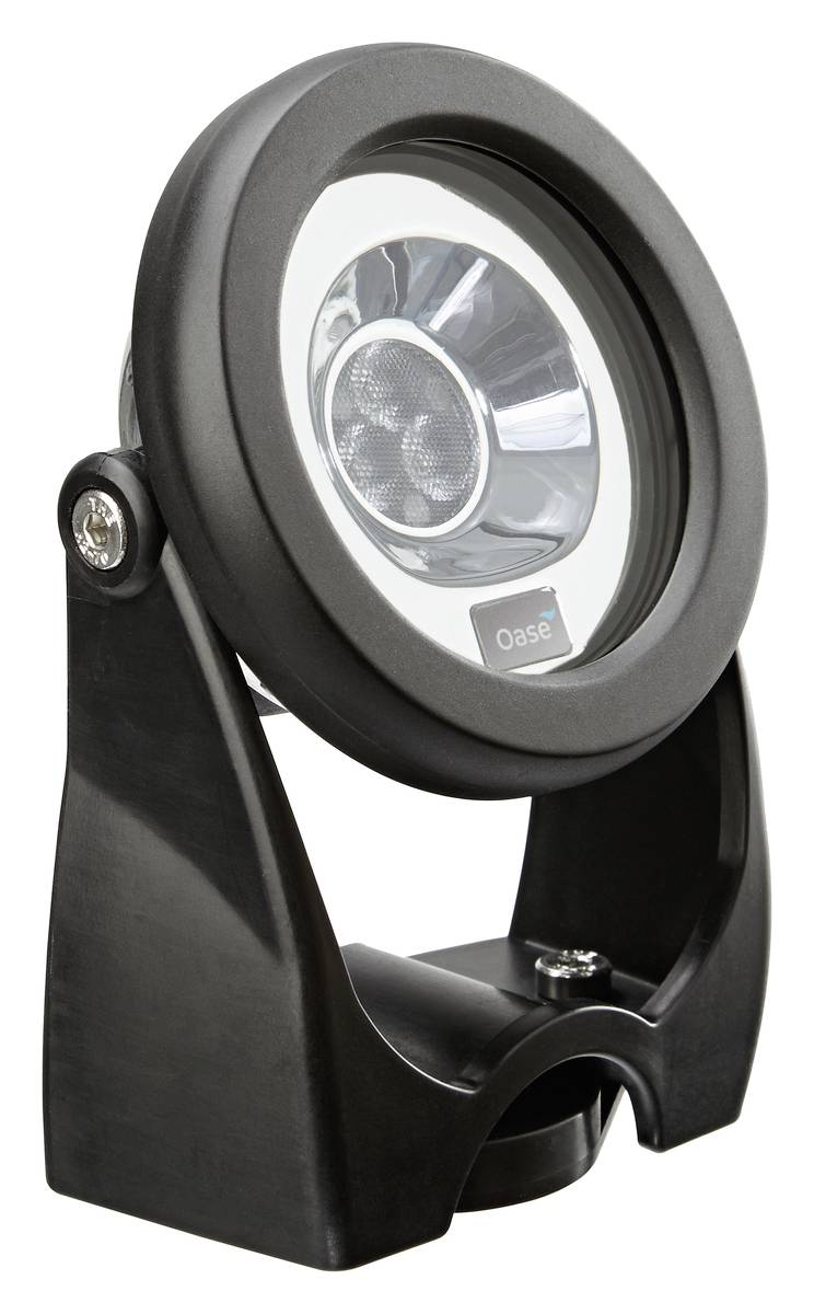 Black adjustable spotlight or outdoor lamp on a stand with a round silver face and central LED lens.