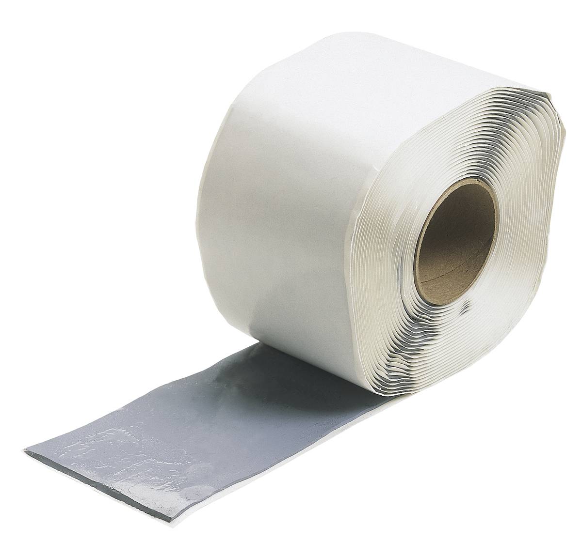 Roll of gray adhesive tape with a long strip unspooled from the center