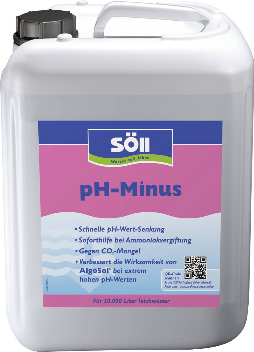 Weiße Kunststoffbehälter von Söll 'pH-Minus' zur Poolbehandlung, gekennzeichnet zur schnellen pH-Senkung und Behandlung von Ammonikvergiftung und CO2-Mangel.