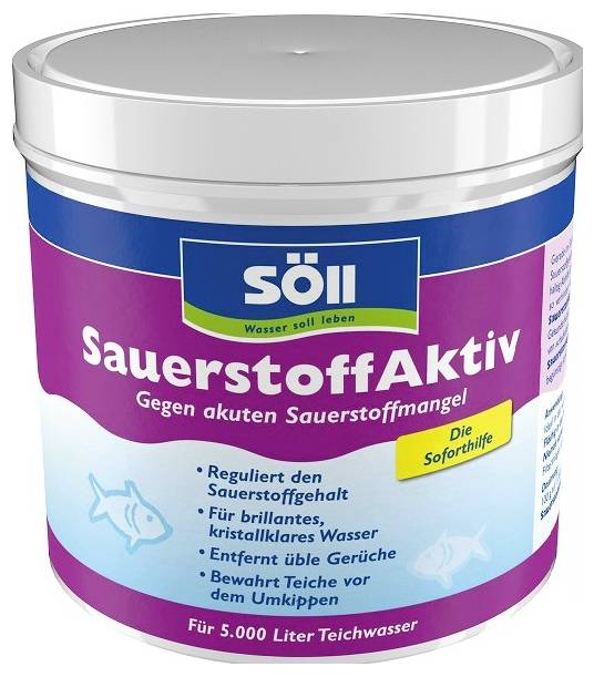 Behälter mit 'Söll SauerstoffAktiv' Teichbehandlung, gekennzeichnet als Notfallhilfe gegen akuten Sauerstoffmangel für 5.000 Liter Teichwasser.