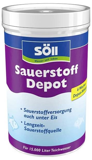 Behälter mit Söll Sauerstoff Depot Teichsauerstoff-Supplement, gekennzeichnet für die Sauerstoffversorgung unter Eis und als Langzeit-Sauerstoffquelle für 15.000 Liter Teichwasser.