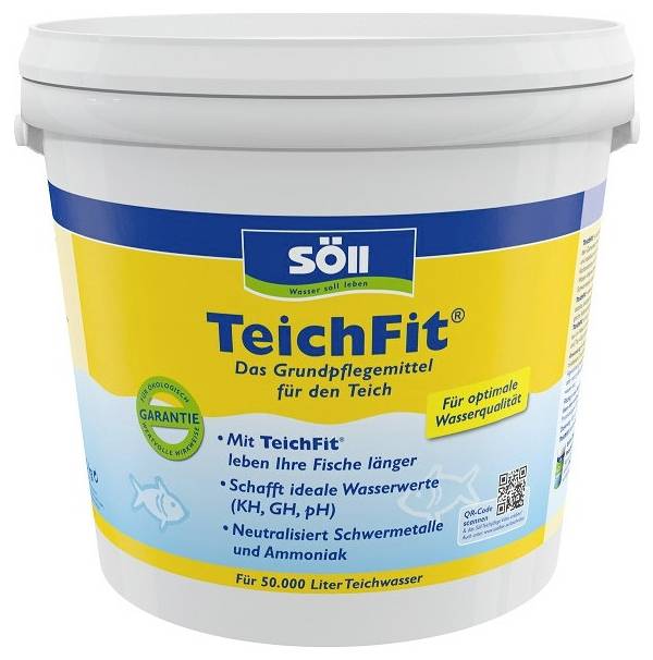 Weißer Eimer von Söll 'TeichFit' Teichpflege-Produkt, gekennzeichnet als Grundmittel zur Wasserpflege für optimale Wasserqualität und 50.000 Liter.