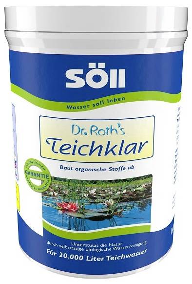 Behälter von Söll 'Dr. Roth's Teichklar' Teichpflege, gekennzeichnet für 20.000 Liter und zur Verringerung von organischer Substanz.