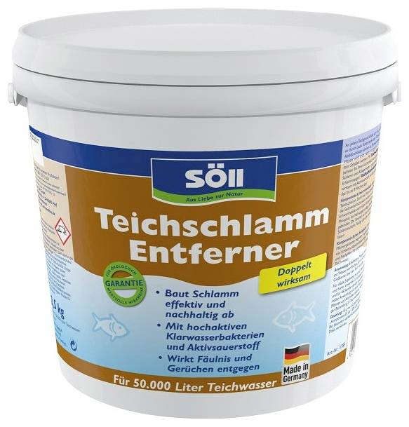 Weißer Eimer von Söll 'Teichschlamm Entferner' Teichschlammvergaser, gekennzeichnet für die Behandlung von bis zu 50.000 Litern Teichwasser.