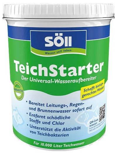 Ein Behälter mit Söll 'TeichStarter' Teichaufbereiter, gekennzeichnet zur Aufbereitung von Leitungs-, Regen- und Brunnenwasser sowie zur Entfernung von schädlichen Stoffen und Chlor.