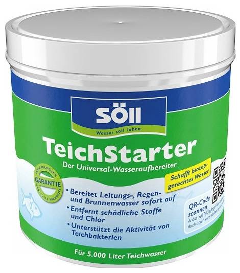 Behälter von Söll TeichStarter Teichwasserkonditionierer, gekennzeichnet als universelles Wasserpflegemittel für 5.000 Liter Teichwasser.