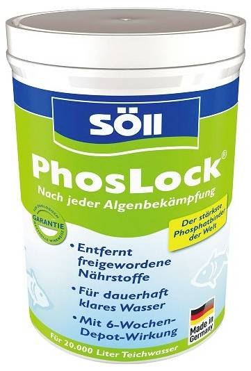 Behälter von Söll PhosLock Teichbehandlung, beschriftet mit „Nach jeder Algenbekämpfung