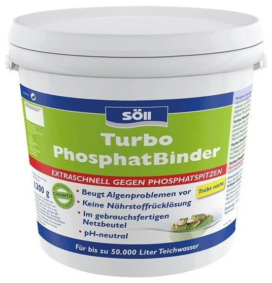 Weißer Eimer von Söll Turbo PhosphatBinder Teichbehandlung, gekennzeichnet als schneller Phosphatbinder für bis zu 50.000 Liter Teichwasser.
