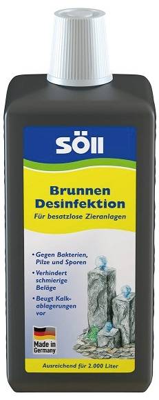 Flasche Söll Brunnen Desinfektion zur Desinfektion von dekorativen Wasserspielen, mit deutschem Etikett und Dosierungsangabe für 2.000 Liter.