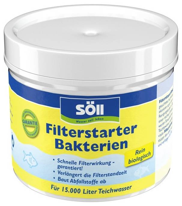 Behälter mit Söll 'Filterstarter Bakterien' Teichbehandlung, gekennzeichnet für 15.000 Liter und 'rein biologisch' (rein biologisch).