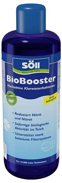 Flasche mit Söll BioBooster Teichwater-Bakterien, gekennzeichnet als Reduktion von Nitrit und Nitrat und Unterstützung der biologischen Aktivität in stark belasteten Filtrationsanlagen.
