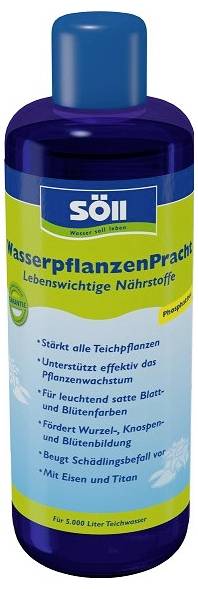 Blaue Flasche mit der Bezeichnung „Söll WasserpflanzenPflege