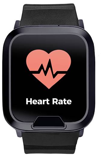 Ein Smartwatch-Bildschirm zeigt ein rotes Herz mit einer Pulslinie und dem Text „Herzfrequenz