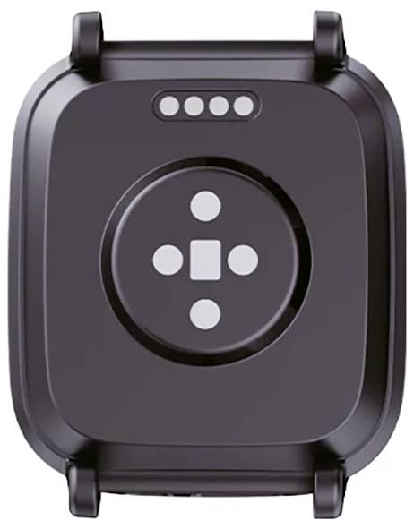 Ein Nahaufnahmebild der Unterseite einer schwarzen Smartwatch, das vier Sensormechanismen zeigt, die in einem Kreis angeordnet sind, was darauf hindeutet, dass sie über Funktionen zur Gesundheitsüberwachung verfügt.