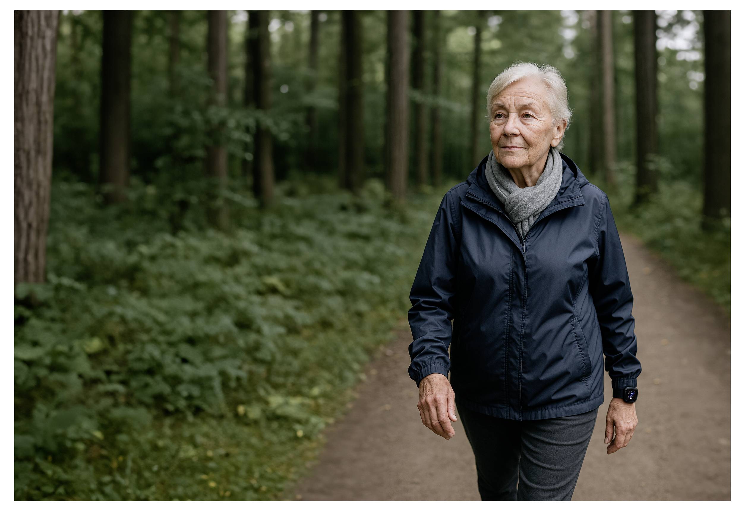 Eine ältere Frau geht einen Waldpfad entlang, umgeben von hohen Bäumen und Grün, trägt eine dunkelblaue Jacke und einen Schal und wirkt nachdenklich.