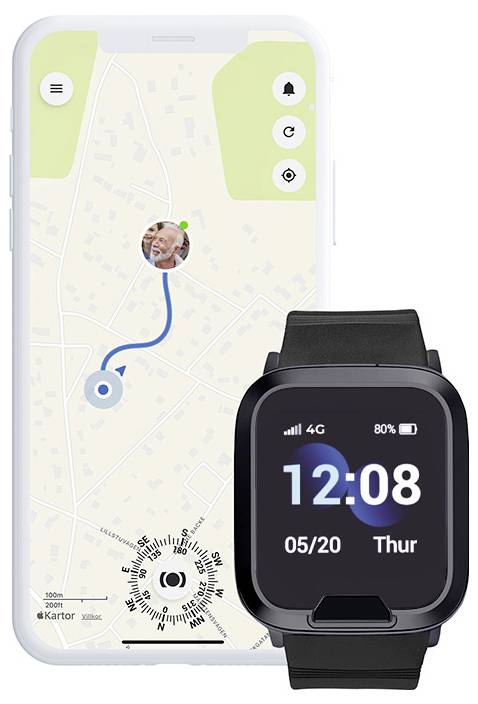 „Eine Smartwatch zeigt 12:08, 05/20, Donnerstag an, mit einem Telefon, das eine Kartenroute anzeigt, die ein Benutzersymbol mit einem Ziel auf einer Karte verbindet.