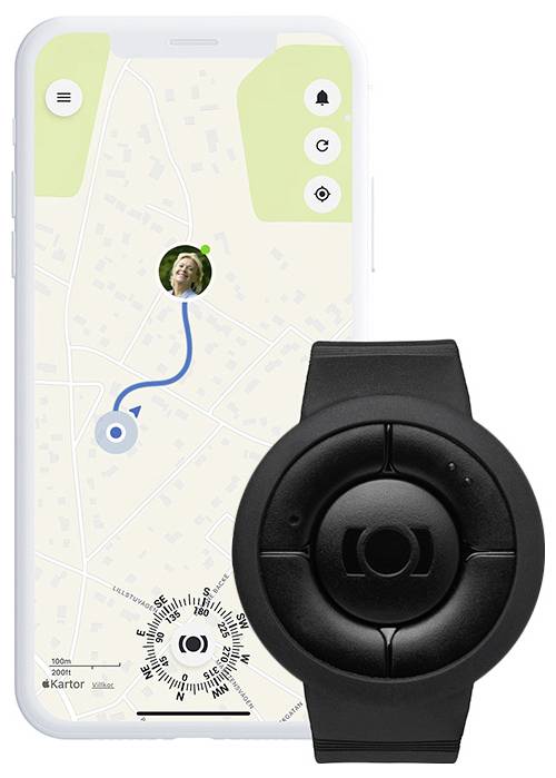 Ein Smartphone zeigt eine Karte mit einem Navigationspfad und einem Benutzersymbol an. Ein schwarzes tragbares Gerät wird vorne angezeigt und deutet auf die GPS-Nutzung hin.