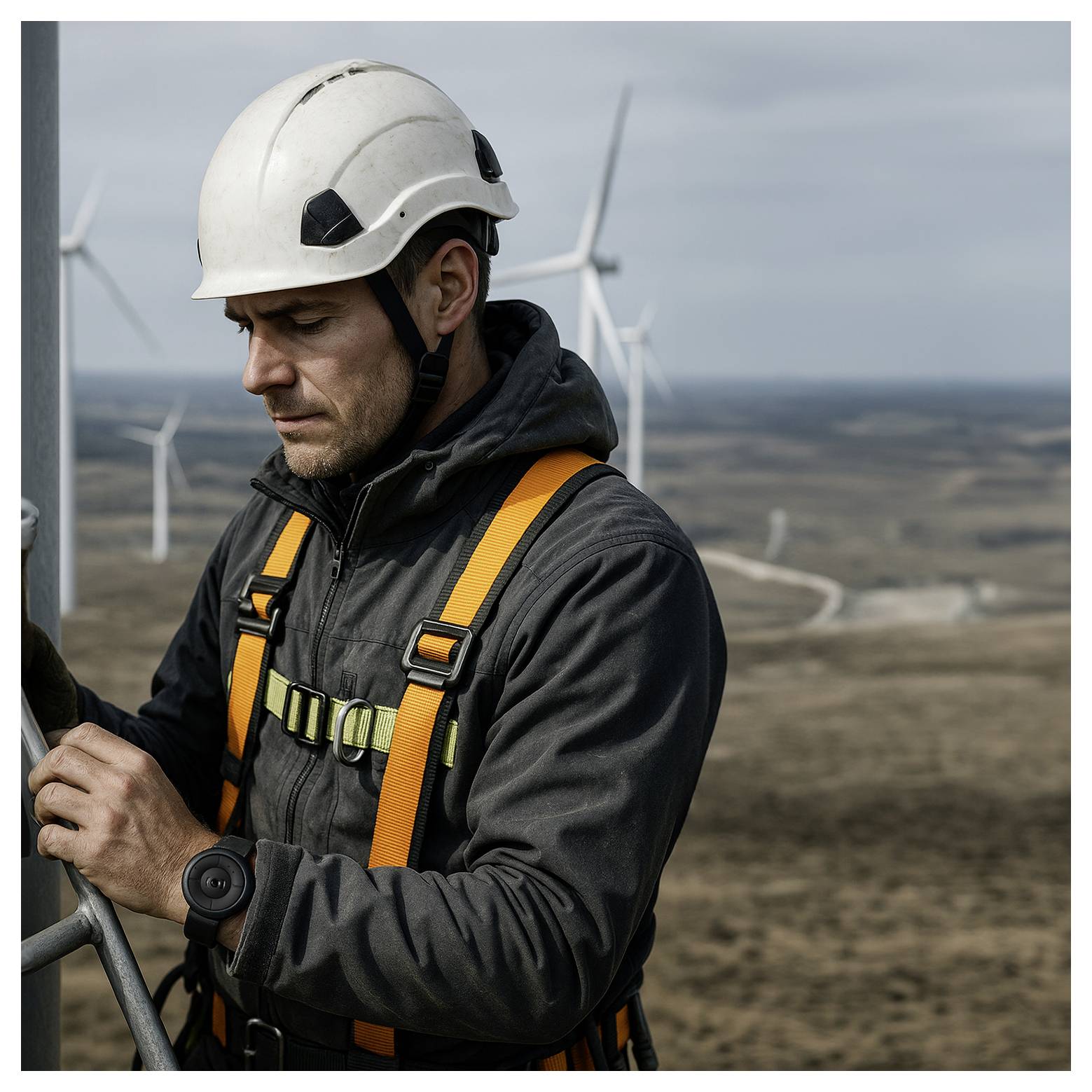 Ein Arbeiter mit Helm und Schutzausrüstung steht auf einem Windkraftwerk und inspiziert Ausrüstung, während Windkraftanlagen im Hintergrund sichtbar sind.