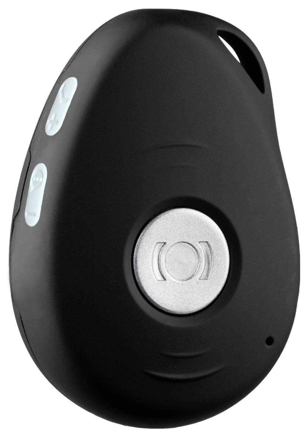 Ein kleines schwarzes Gerät mit einem silbernen zentralen Knopf und zwei Seitenknöpfen, das als persönliches Notfallwarnsystem konzipiert ist.