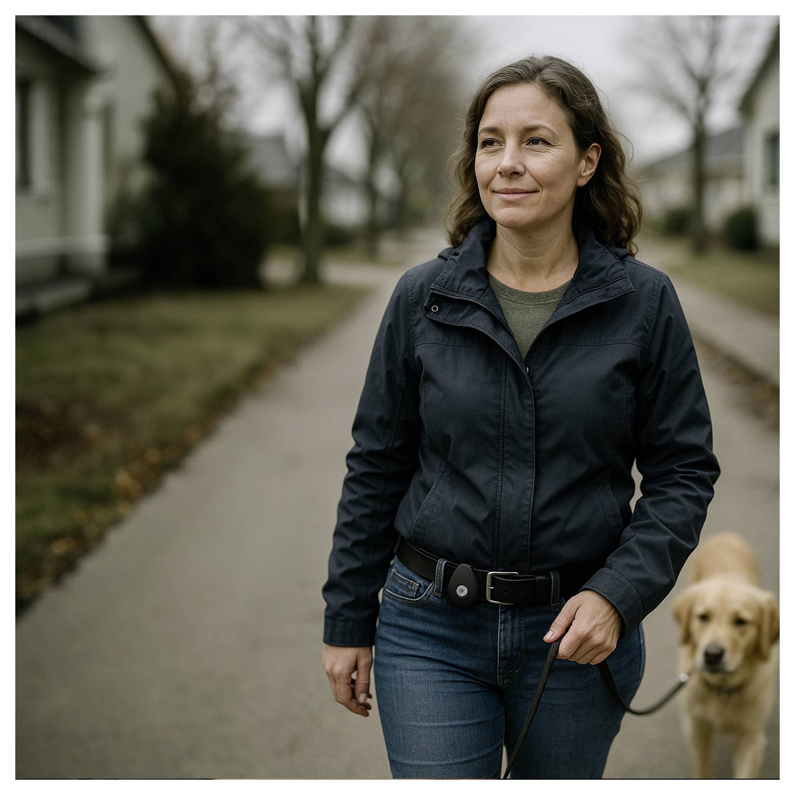 A person walks a dog along a residential street. The person is smiling, wearing a dark jacket and blue jeans, with trees in the background.