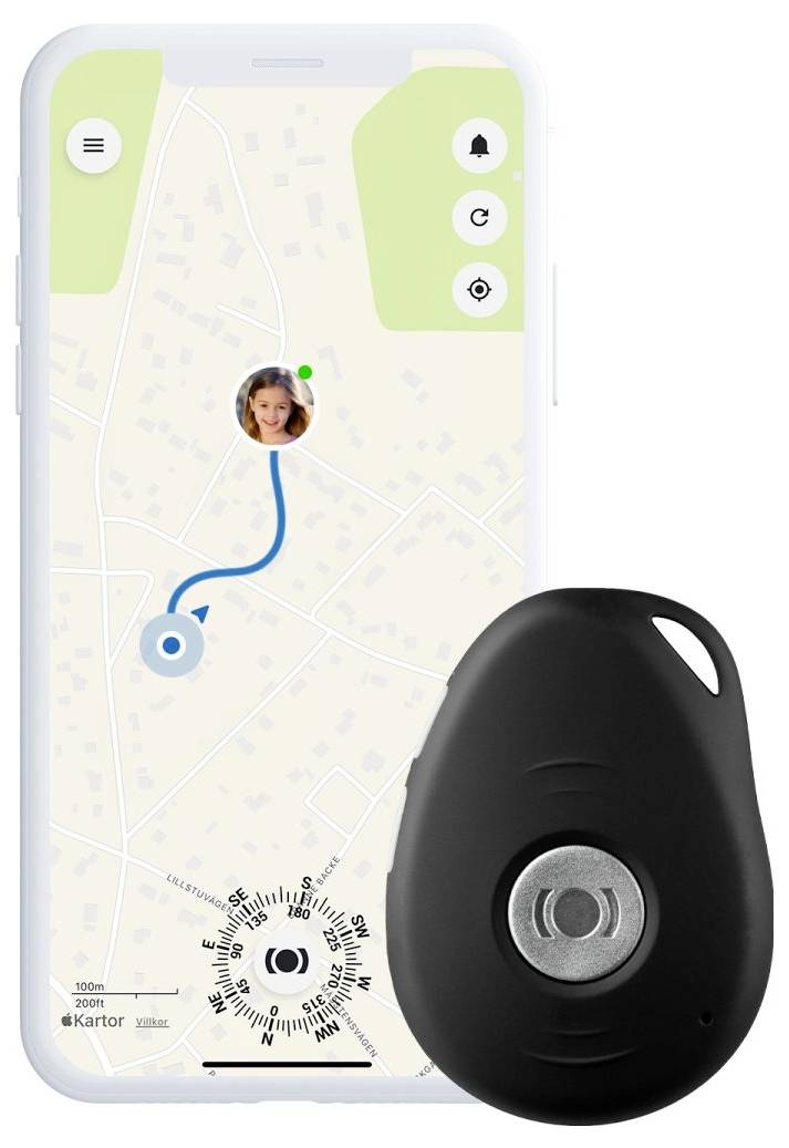 Ein Smartphone-Bildschirm zeigt eine Karte mit einer blauen Routenlinie und einem Bild am Ende an. Ein kleiner schwarzer GPS-Tracker wird neben dem Telefon angezeigt.