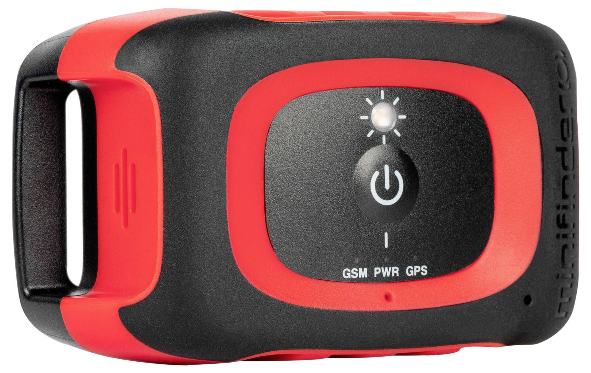 Ein kleines, tragbares GPS-Gerät mit einem Ein-/Ausschalter und LED-Anzeigen für GSM-, Stromversorgungs- und GPS-Status, in einem rot-schwarzen Gehäuse untergebracht.