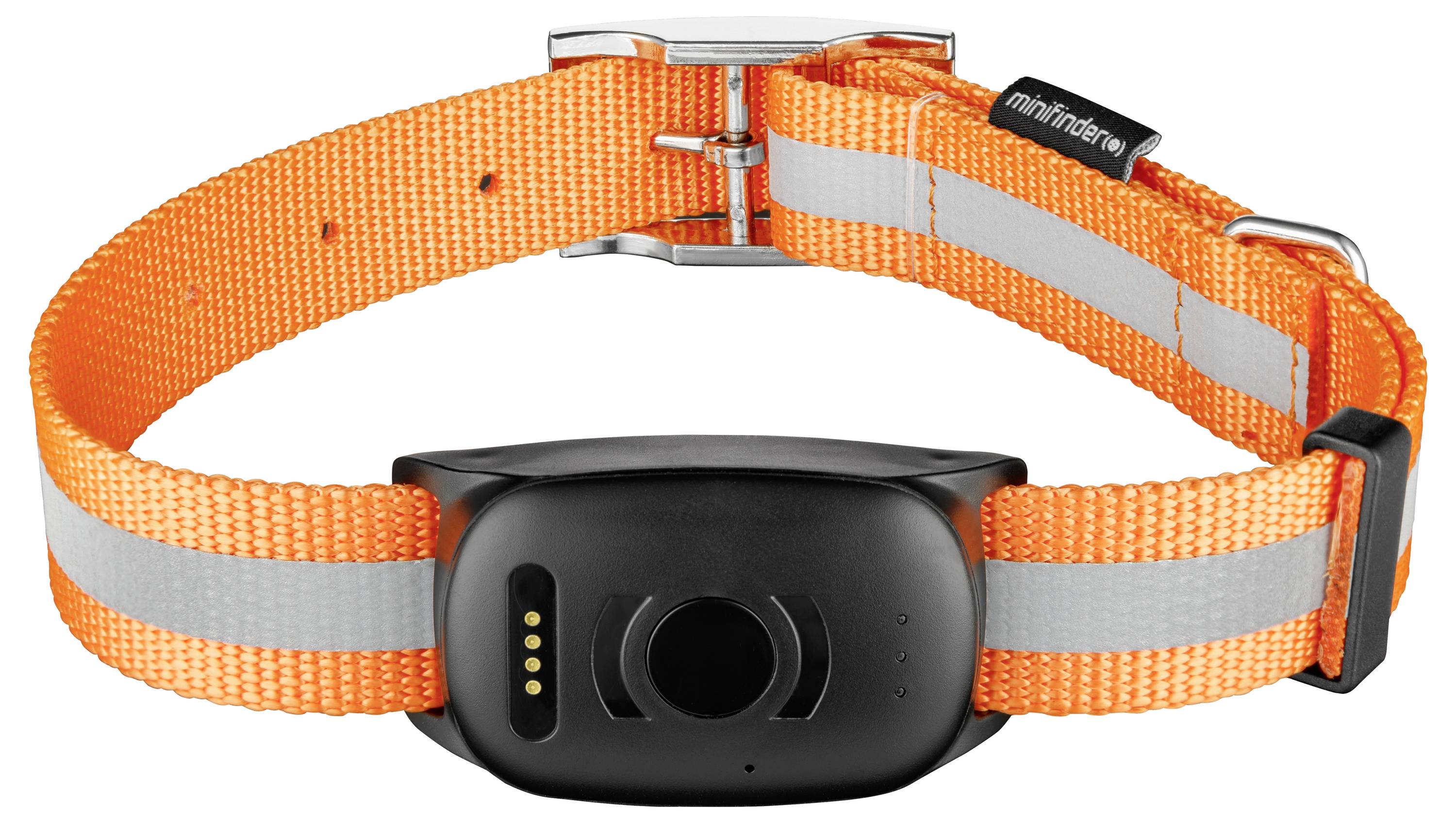 Ein orangefarbenes reflektierendes Hundehalsband mit einem schwarzen elektronischen Gerät, das mit einer Schnallenverschluss und verstellbarem Riemen zur Größenanpassung ausgestattet ist.