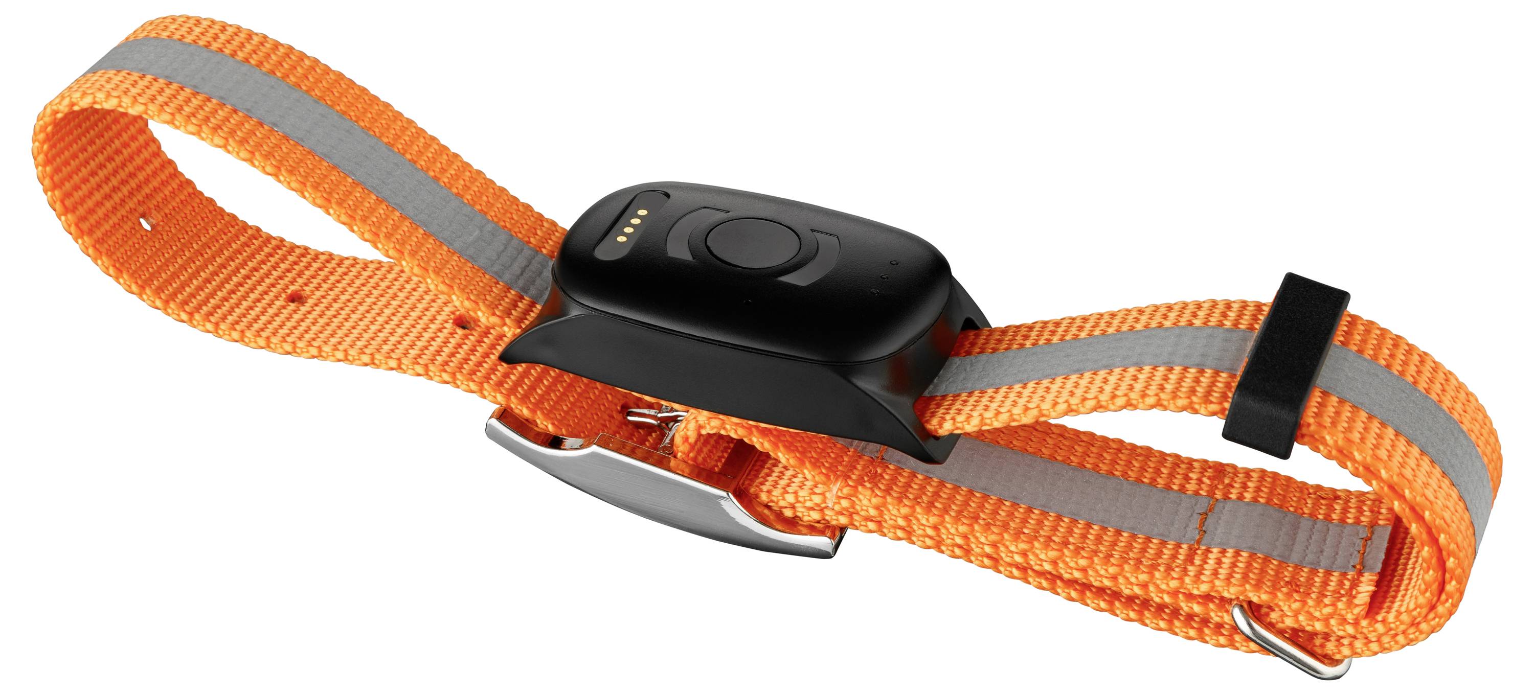 Ein orangefarbenes Hundehalsband mit einem grauen Streifen verfügt über ein kleines, schwarzes Gerät mit Metallkontakten, möglicherweise für Tracking- oder Trainingszwecke.