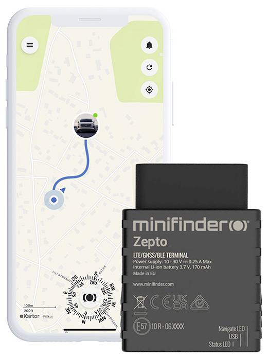 The image shows a smartphone displaying a GPS map with a route marked in blue, alongside a black MiniFinder Zepto tracking device.