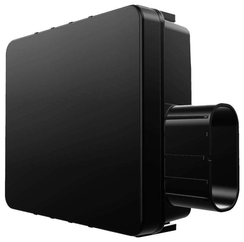 Ein schwarzes elektronisches Gerät mit rechteckigem Gehäuse und einer zylindrischen Verlängerung auf der rechten Seite, möglicherweise ein Sensor oder eine Komponente.