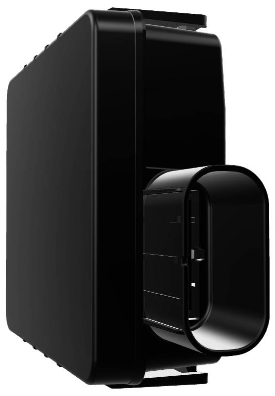 Ein schwarzes rechteckiges elektronisches Gerät mit einem vorstehenden Stecker, möglicherweise für Automobil- oder Industrieanwendungen verwendet.