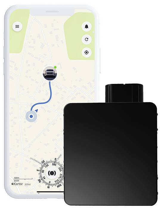 Smartphone mit einer Navigations-App und einer auf einer Karte eingezeichneten Route neben einem schwarzen rechteckigen GPS-Gerät.