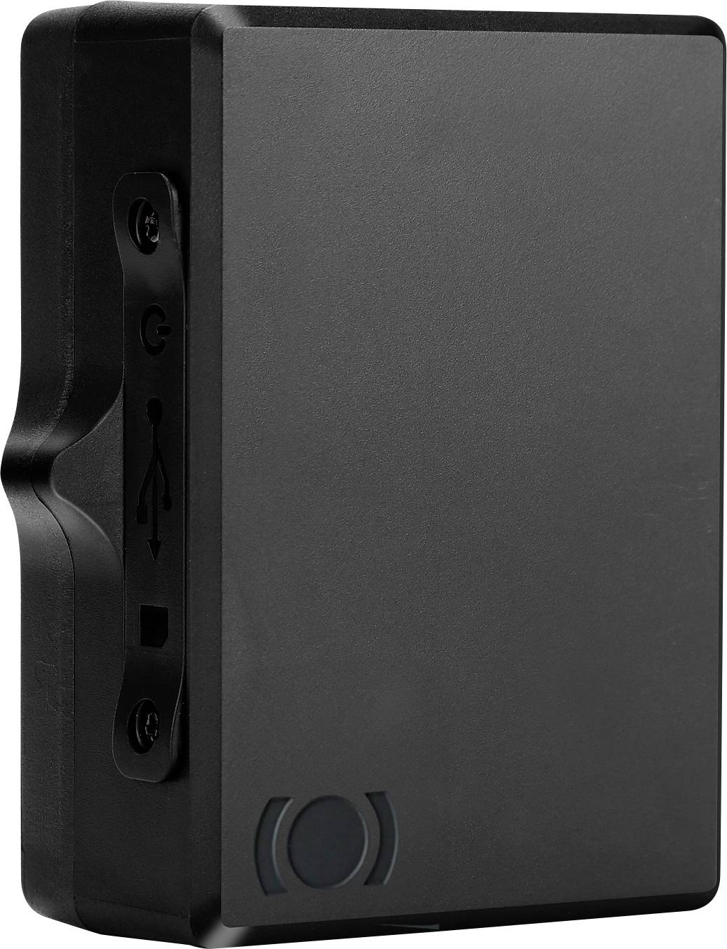 Ein schlankes schwarzes externes Festplattenlaufwerk mit USB-Anschluss und Stromschalter an der Seite. Ideal für zusätzlichen Datenspeicher.