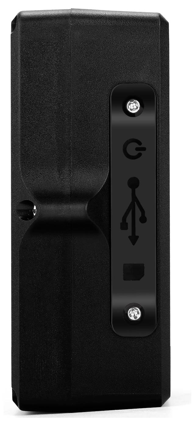 Eine schwarze Powerbank mit USB- und Stromsymbolen auf der Seite, mit einem eleganten, kompakten Design, das sich ideal zum Aufladen tragbarer Geräte eignet.