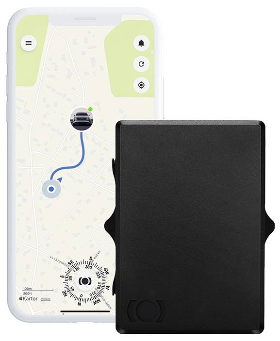 Ein Smartphone, das eine Karte mit einer in Blau markierten Route anzeigt, neben einem schwarzen rechteckigen Tracking-Gerät.