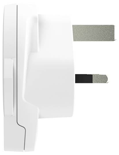 Eine Nahaufnahme einer Seitenansicht eines weißen Stromsteckers mit zwei flachen Stiften, geeignet zur Verwendung in Steckdosen.